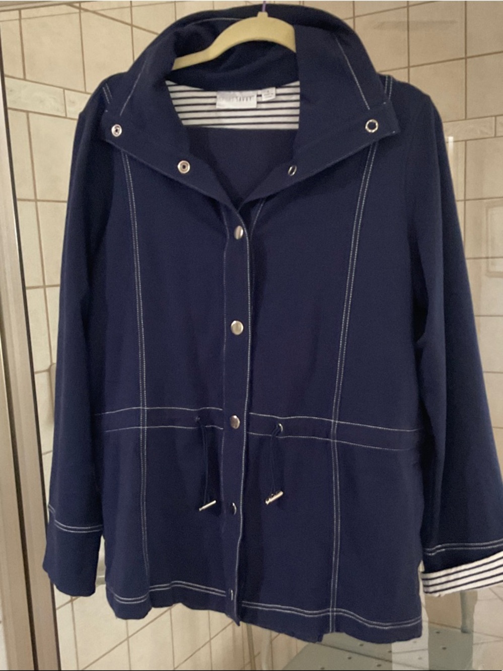 Navy Utility Hooded Jacket with White Contrast Stitching